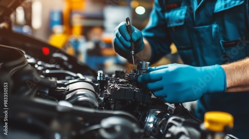 Mechanic in blue gloves working on a car engine in a garage, focusing on a specific engine part with a blurred background.