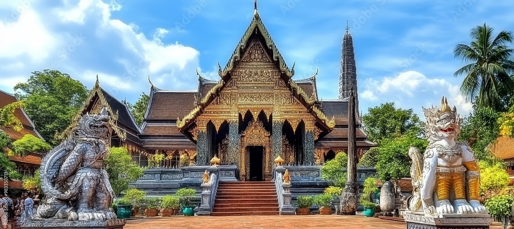 Fototapeta premium Stunning Traditional Temple in Chiang Mai, Thailand with Golden Details, Architectural Landmark
