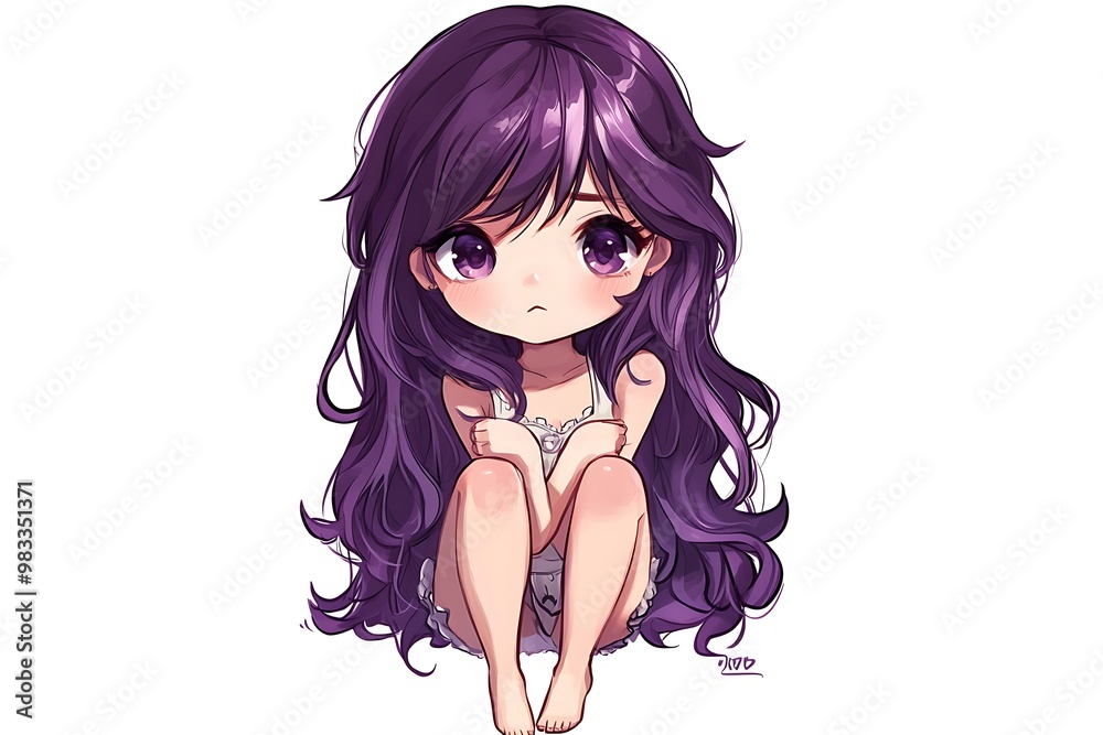Cute anime girl with long purple hair sitting with a sad expression. Kawaii character design for social media, avatar, or merch. Cute anime girl with long purple hair sitting with a sad expression. Kawaii character design for social media, avatar, or merch.