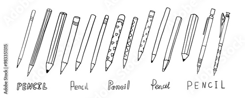 Large set of pencils in doodle style. School, business, study, education. Hand drawn vector illustration EPS10. Great for banner, stickers and professional design.