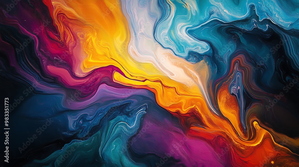 Abstract painting of swirling, vibrant colors, featuring hues of blue, purple, orange, and yellow. Abstract painting of swirling, vibrant colors, featuring hues of blue, purple, orange, and yellow.