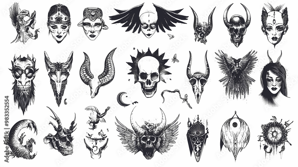 Fototapeta premium A variety of classic tattoo designs perfect for retro projects. Tattoo Art. Illustration