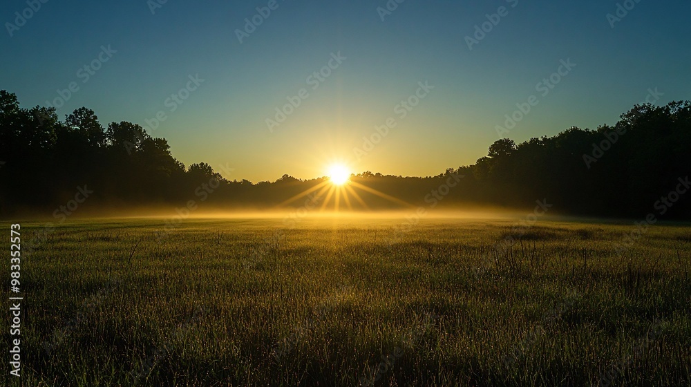 Sunrays Illuminating a Foggy Field at Sunrise Sunrays Illuminating a Foggy Field at Sunrise
