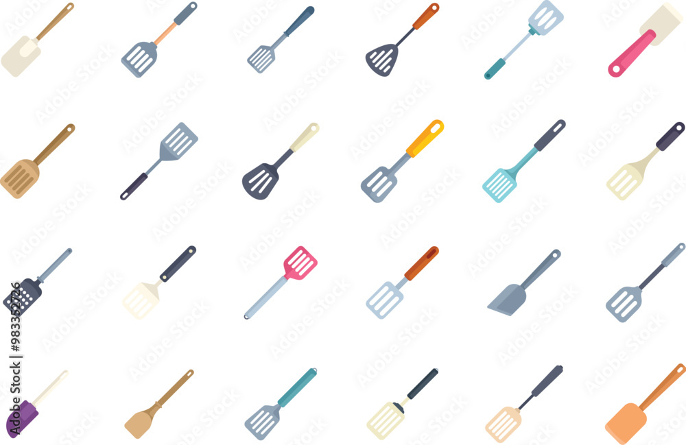 Variety of colorful kitchen tools lay flat on a white background, showcasing essential cooking and baking equipment Variety of colorful kitchen tools lay flat on a white background, showcasing essential cooking and baking equipment