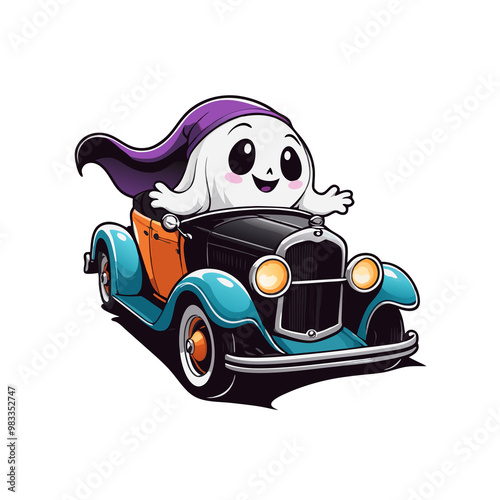  halloween graphics cute ghost in vintage old car photo