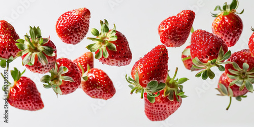 Whole ripe raw strawberries with drops of water flying in the air, isolated on white background.