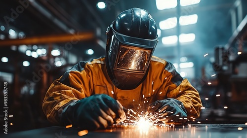 Industrial workshop where one worker is welding metal structures. The worker is wearing protective helmets with transparent visors and specialized welding glasses photo