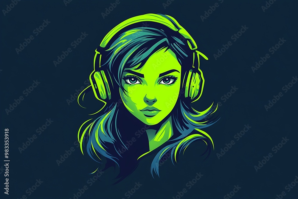 Neon Green Woman with Headphones Illustration, Minimalist Digital Art