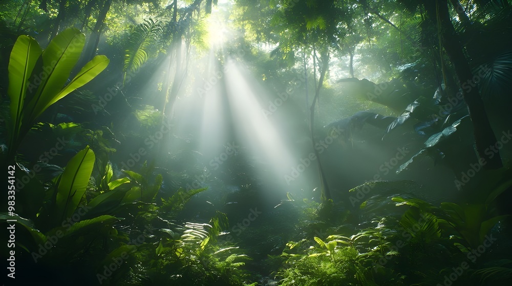 Fototapeta premium Rays of sunlight streaming through trees in enchanted forest