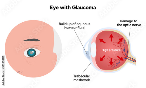 Eye with glaucoma disease, medical infographic with human eye optic anatomy