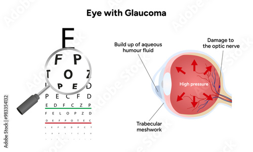 Eye with glaucoma disease, medical infographic with human eye optic anatomy