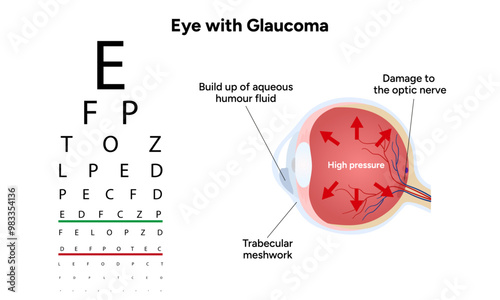 Eye with glaucoma disease, medical infographic with human eye optic anatomy