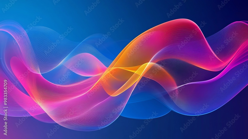 Abstract wavy lines in vibrant pink, orange, and blue on a dark blue background. Abstract wavy lines in vibrant pink, orange, and blue on a dark blue background.