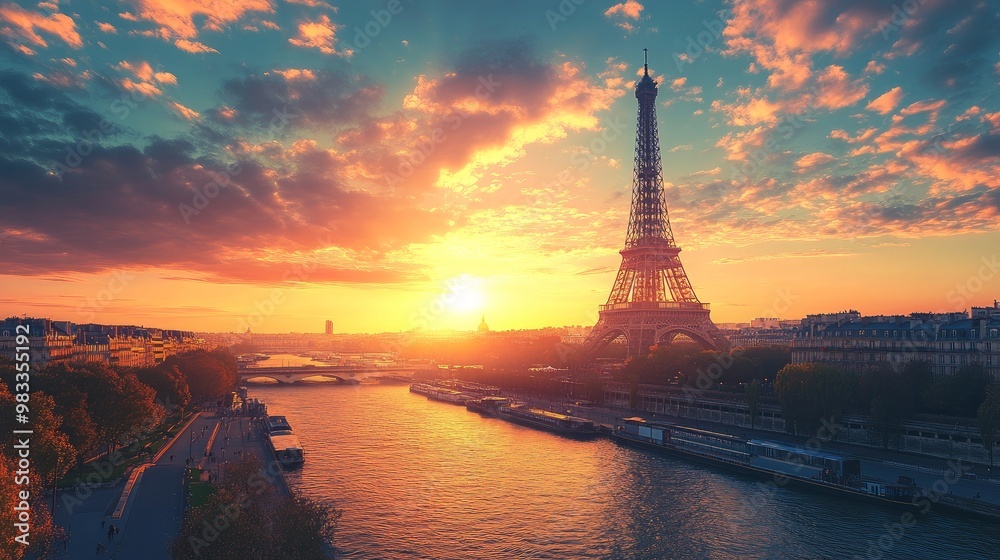 Fototapeta premium The Eiffel Tower is visible in the Paris, France skyline. panoramic view of Paris at dusk