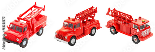 Set of red toy fire truck with a movable ladder isolated on transparent background