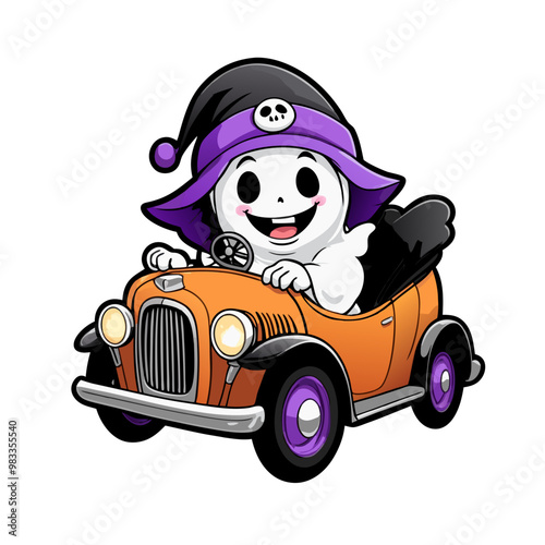  halloween graphics cute ghost in vintage old car photo