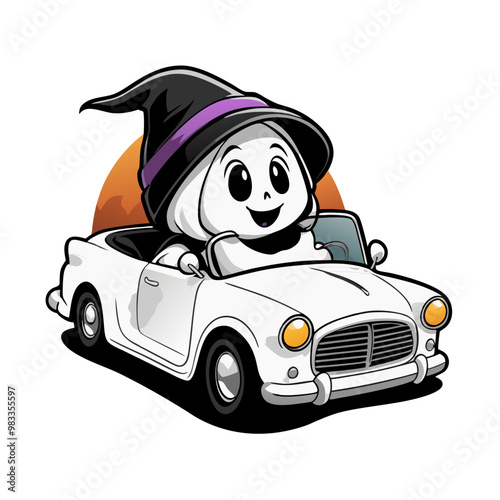  halloween graphics cute ghost in vintage old car