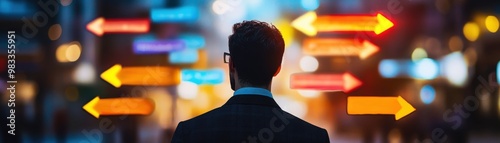 Businessman Facing Multiple Colorful Directional Arrows