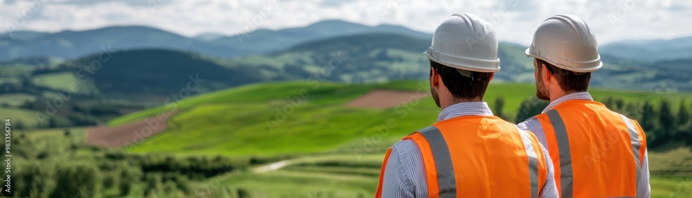 Field Engineers Surveying Green Landscape in Hard Hats Field Engineers Surveying Green Landscape in Hard Hats