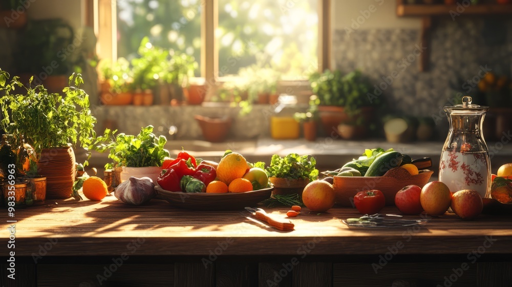 Fresh Organic Produce on Rustic Kitchen Counter Fresh Organic Produce on Rustic Kitchen Counter