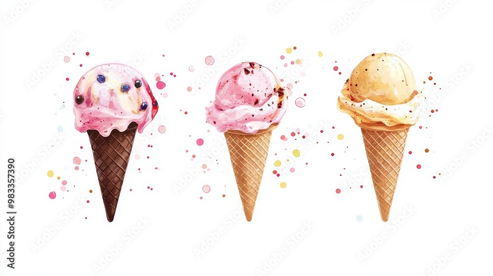 Three ice cream cones with different flavors on a white background, featuring vibrant colors and playful splashes of dots around each cone Three ice cream cones with different flavors on a white background, featuring vibrant colors and playful splashes of dots around each cone