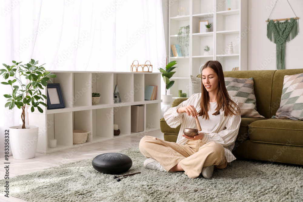 Young woman with Tibetan singing bowl sitting on carpet at home Young woman with Tibetan singing bowl sitting on carpet at home