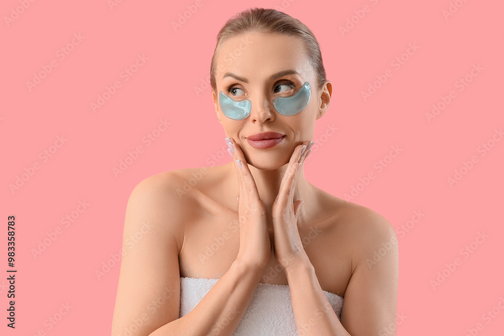 Beautiful woman with under-eye patches on pink background, closeup Beautiful woman with under-eye patches on pink background, closeup