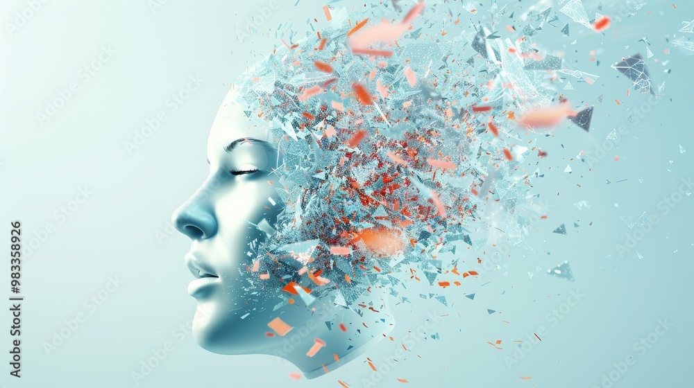 A surreal representation of a face disintegrating into vibrant particles, symbolizing creativity and transformation. A surreal representation of a face disintegrating into vibrant particles, symbolizing creativity and transformation.