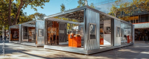 A modular, pop-up shopping area constructed entirely from recycled aluminum siding, designed to be assembled in various configurations depending on the event and location photo