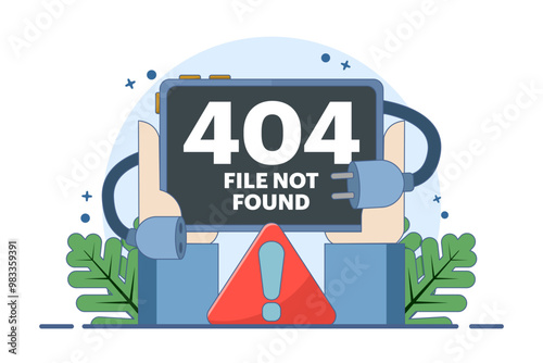 Concept of 404 error, System error, Broken page, Cable and socket, Page not found. Unplug system error. Flat vector illustration on background.