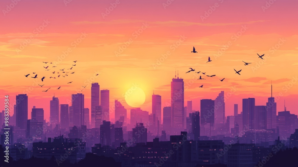 Fototapeta premium Vibrant Sunset Over Urban Skyline with Silhouetted Birds