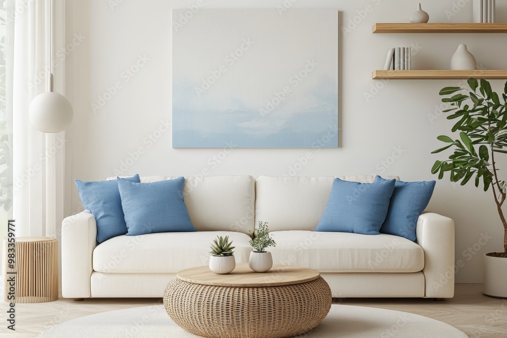 A serene minimalist living room featuring blue and beige furniture, a white sofa, round coffee table with plants, and stylish wall art on a tranquil afternoon