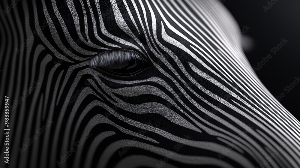 Close-up of a zebra's patterned face, showcasing intricate black and white stripes against a dark background, Ideal for nature themes, wildlife projects, or artistic presentations,