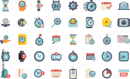 Set of colorful icons depicting various aspects of time management, emphasizing the importance of deadlines, schedules, and punctuality