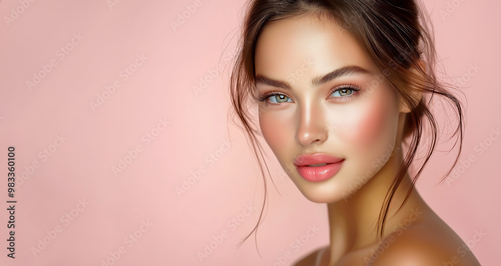 Professional banner for Cosmetics and beauty salon. Attractive female model wearing make-up with pink plump lips and blusher, isolated on pink background with text copy space Professional banner for Cosmetics and beauty salon. Attractive female model wearing make-up with pink plump lips and blusher, isolated on pink background with text copy space