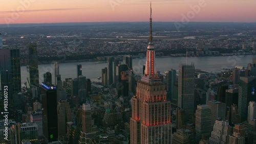 Aerial view of Manhattan New York City at dusk.