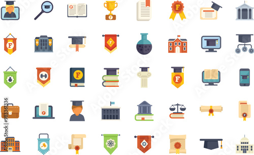 Large set of university icons representing different faculties with a faculty member searching for graduates using a magnifying glass