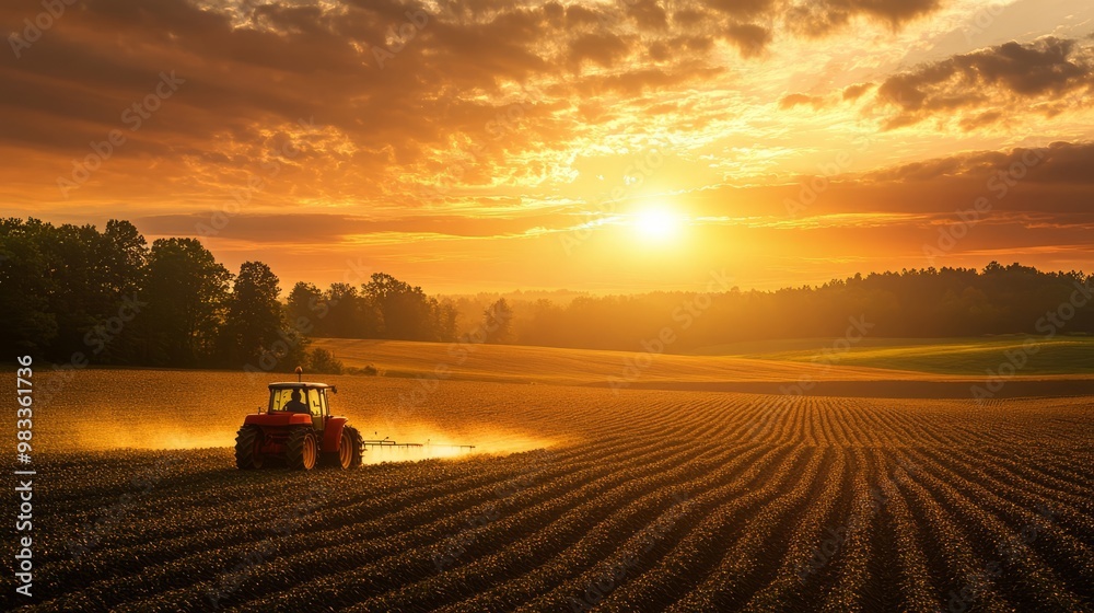 Fototapeta premium Beautiful Sunset Over Agricultural Fields with Tractor