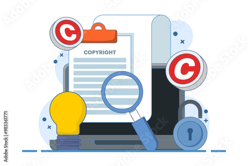 Copyright patent law concept, copyright protected by law, patent protection, intellectual property, copyright symbol, electronic legal document, digital law. flat vector illustration.