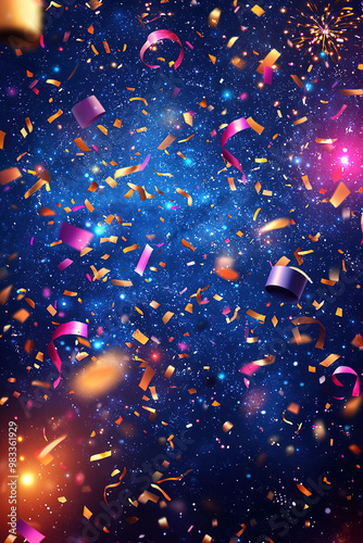 Colorful confetti falling on a galaxy background for new year's eve