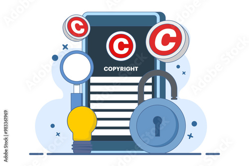 Copyright patent law concept, copyright protected by law, patent protection, intellectual property, copyright symbol, electronic legal document, digital law. flat vector illustration.