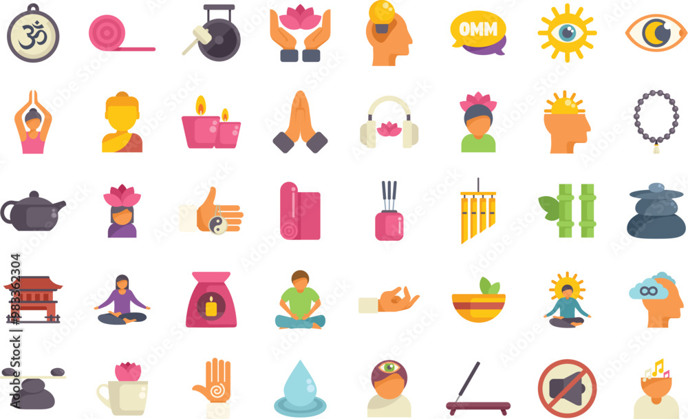 This set of icons shows various aspects of meditation practice, from yoga poses to mindfulness techniques, promoting a serene and balanced lifestyle This set of icons shows various aspects of meditation practice, from yoga poses to mindfulness techniques, promoting a serene and balanced lifestyle