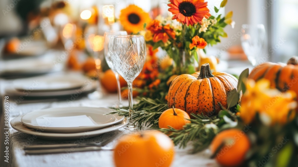 A table set for a thanksgiving dinner with pumpkins and sunflowers A table set for a thanksgiving dinner with pumpkins and sunflowers