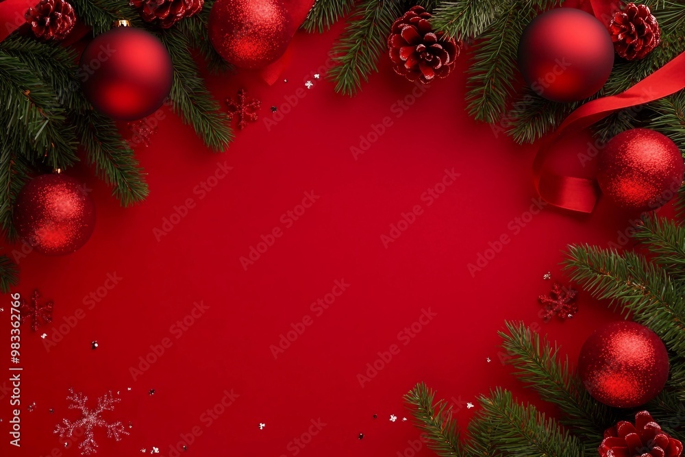 Top view Christmas red background with fir branches, xmas balls, ribbon and sparkles. Merry christmas and Happy New Year card with Space for text Top view Christmas red background with fir branches, xmas balls, ribbon and sparkles. Merry christmas and Happy New Year card with Space for text