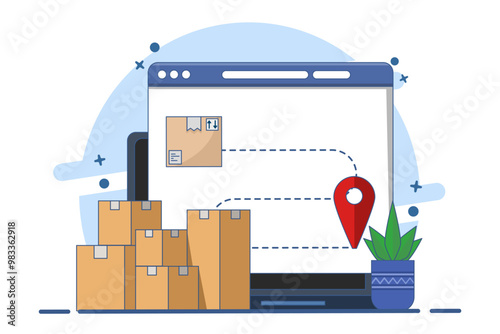 Concept of cargo box logistics delivery tracking, tracking order delivery route. Parcel box location tracking, courier destination. Flat vector illustration on background.