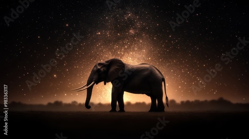 A majestic silhouette of an elephant against a starry night sky creates a striking visual, Perfect for wildlife conservation, environmental awareness, or artistic themes in digital media, photo