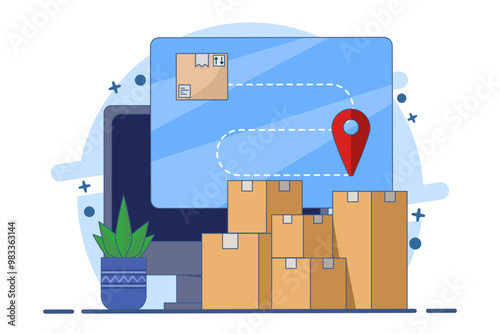 Concept of cargo box logistics delivery tracking, tracking order delivery route. Parcel box location tracking, courier destination. Flat vector illustration on background.