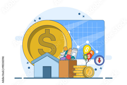 The concept of inflation in economics. Goods and services become more expensive. Food prices rise. Loss of purchasing power, rising consumer prices, currency depreciation, financial crisis.