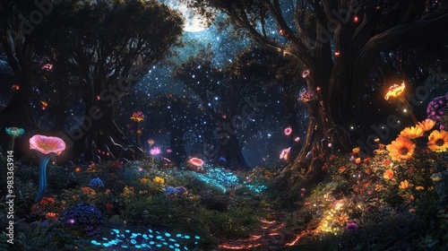 Enchanted Forest Pathway with Glowing Flora