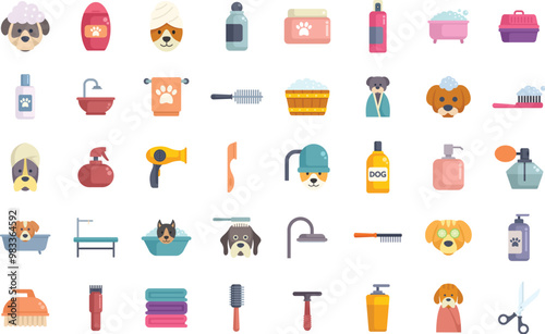 Large set of icons showing dogs having a bath or being groomed with shampoo, shower and towels